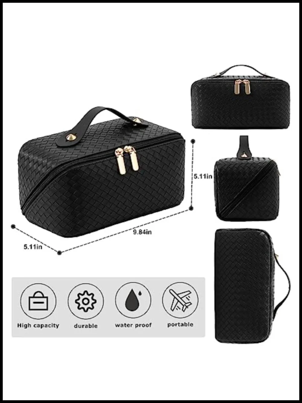 Large Capacity PU Leather Travel Cosmetic Bag with Dividers and Handle